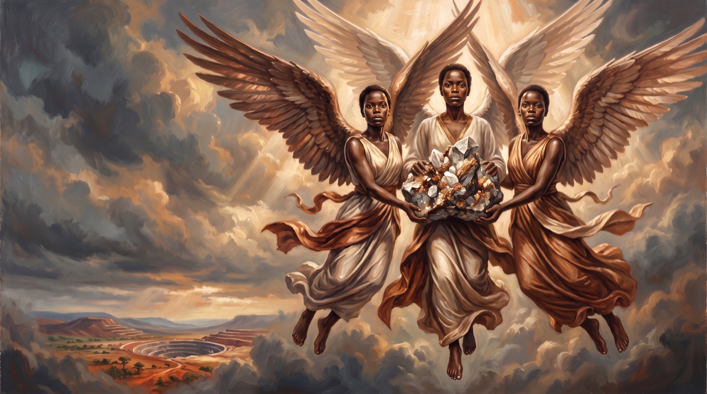 A painting of the three angels in flight together, carrying a cluster of raw uncut ore above an African mine at first light