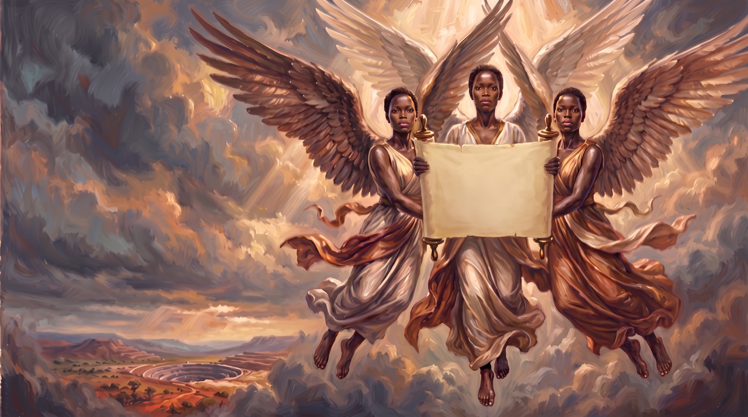 A painting of the three angels in flight together, holding an open message scroll between them above an African mine at first light