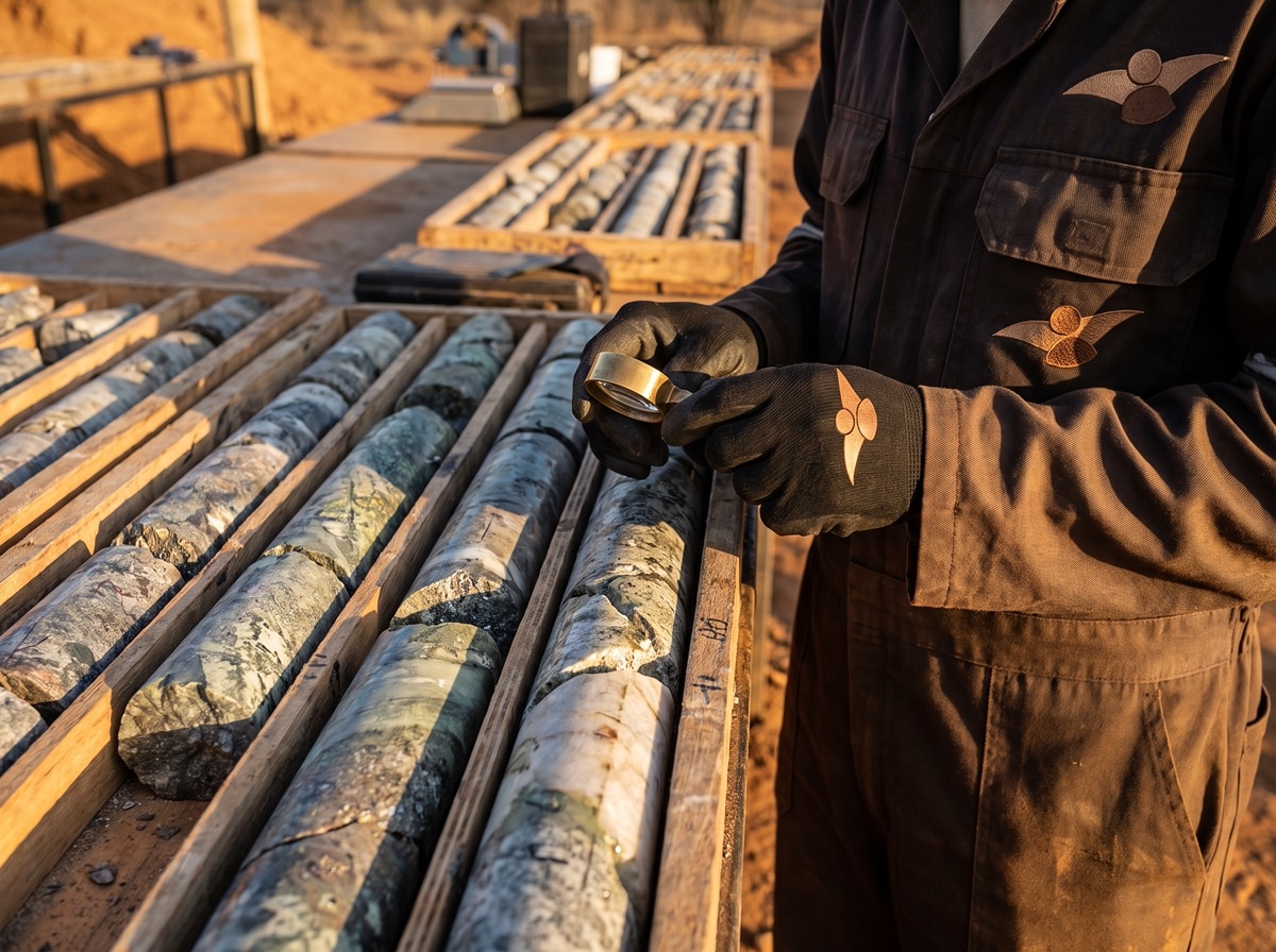 Drill core trays being logged by a geologist