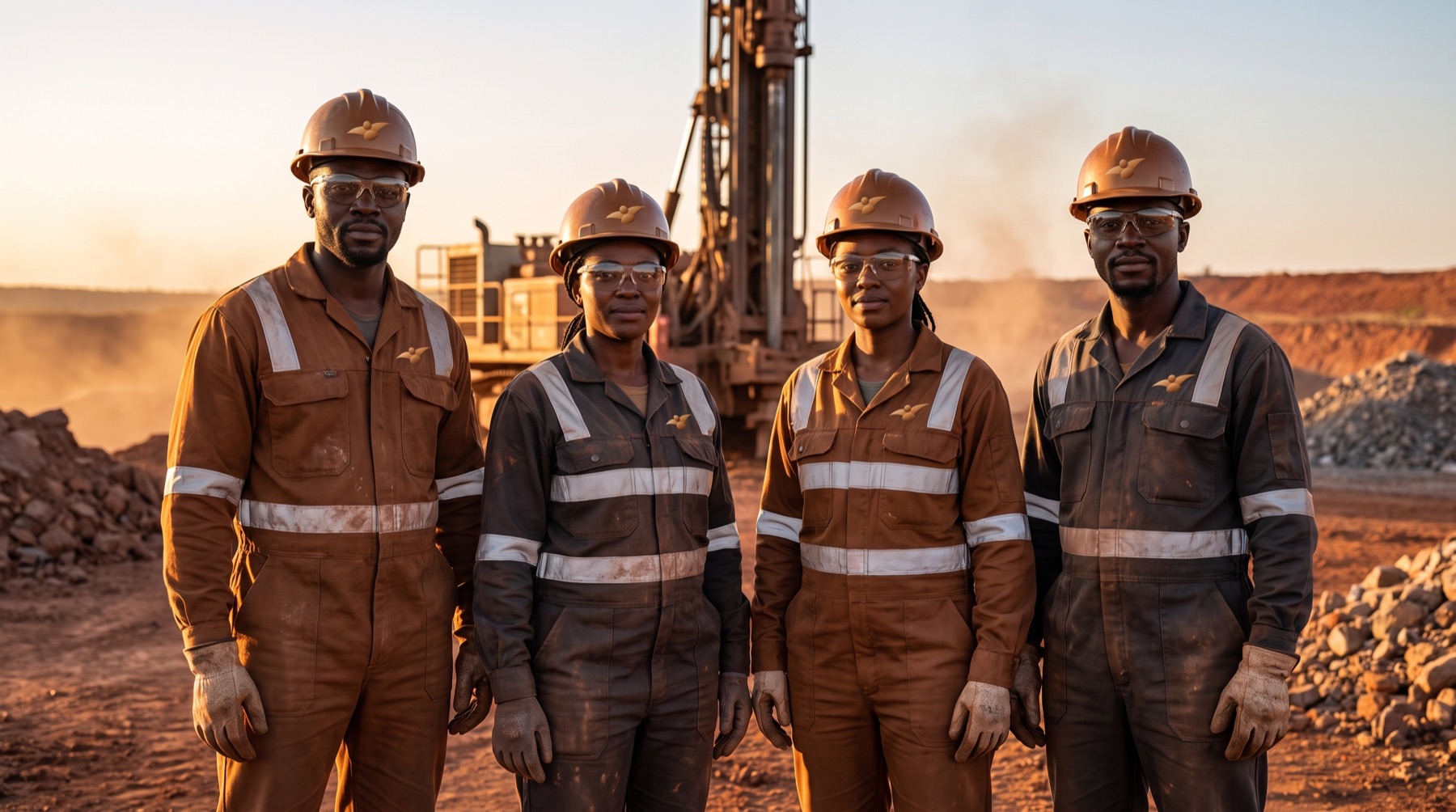 A mine crew in workwear at an African mining operation