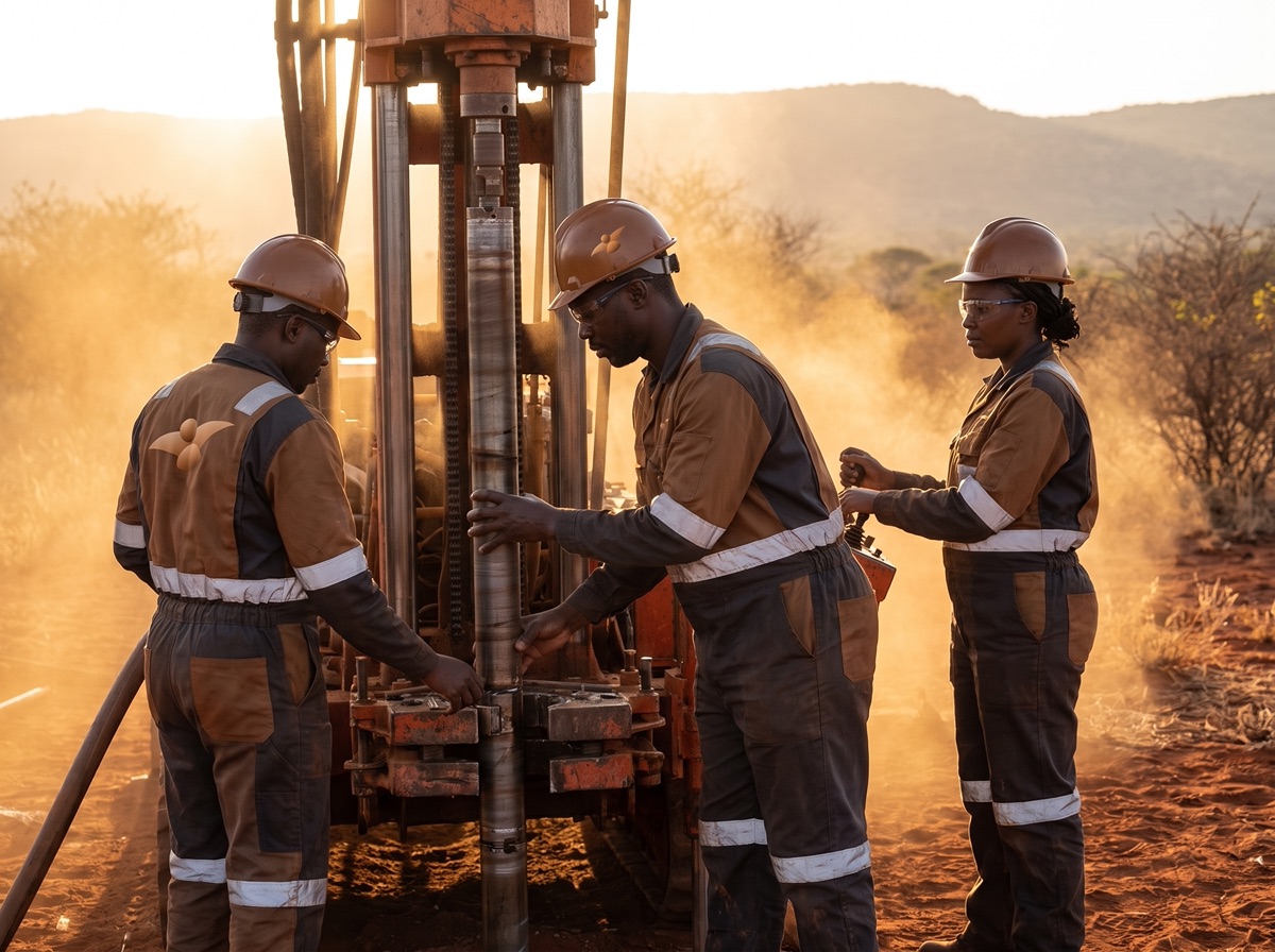 Diamond core drilling rig operating at dawn