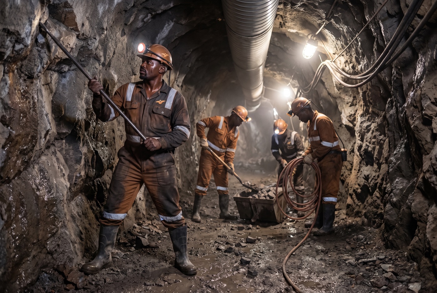 Four workers barring down and clearing rock in an underground development drive