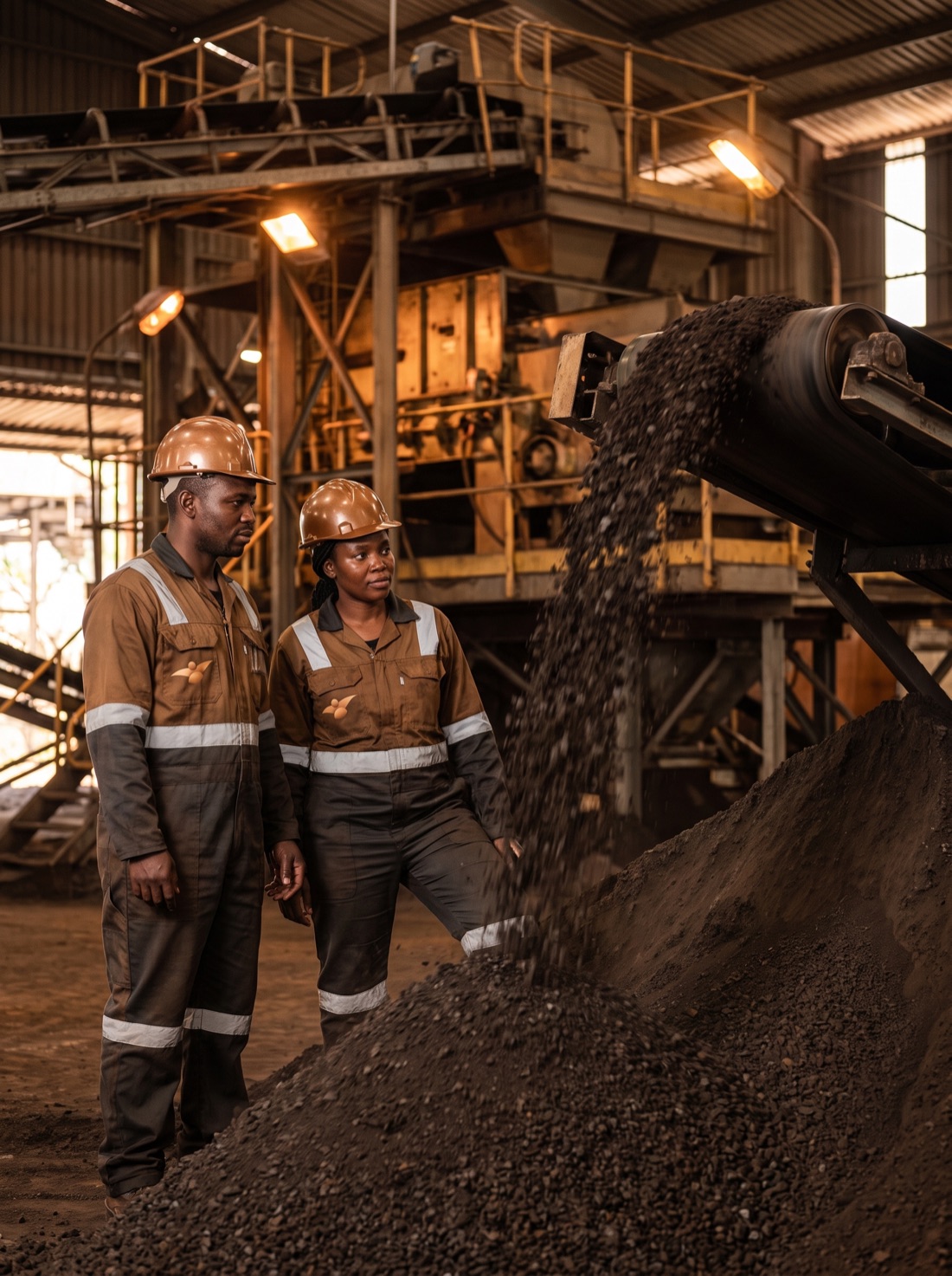 Workers overseeing mineral concentrate at an African processing plant