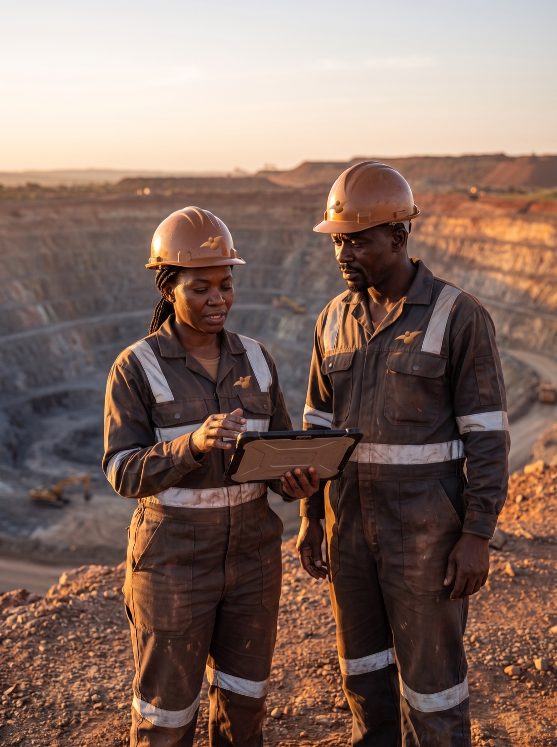 Two senior African mine staff reviewing plans on the pit rim