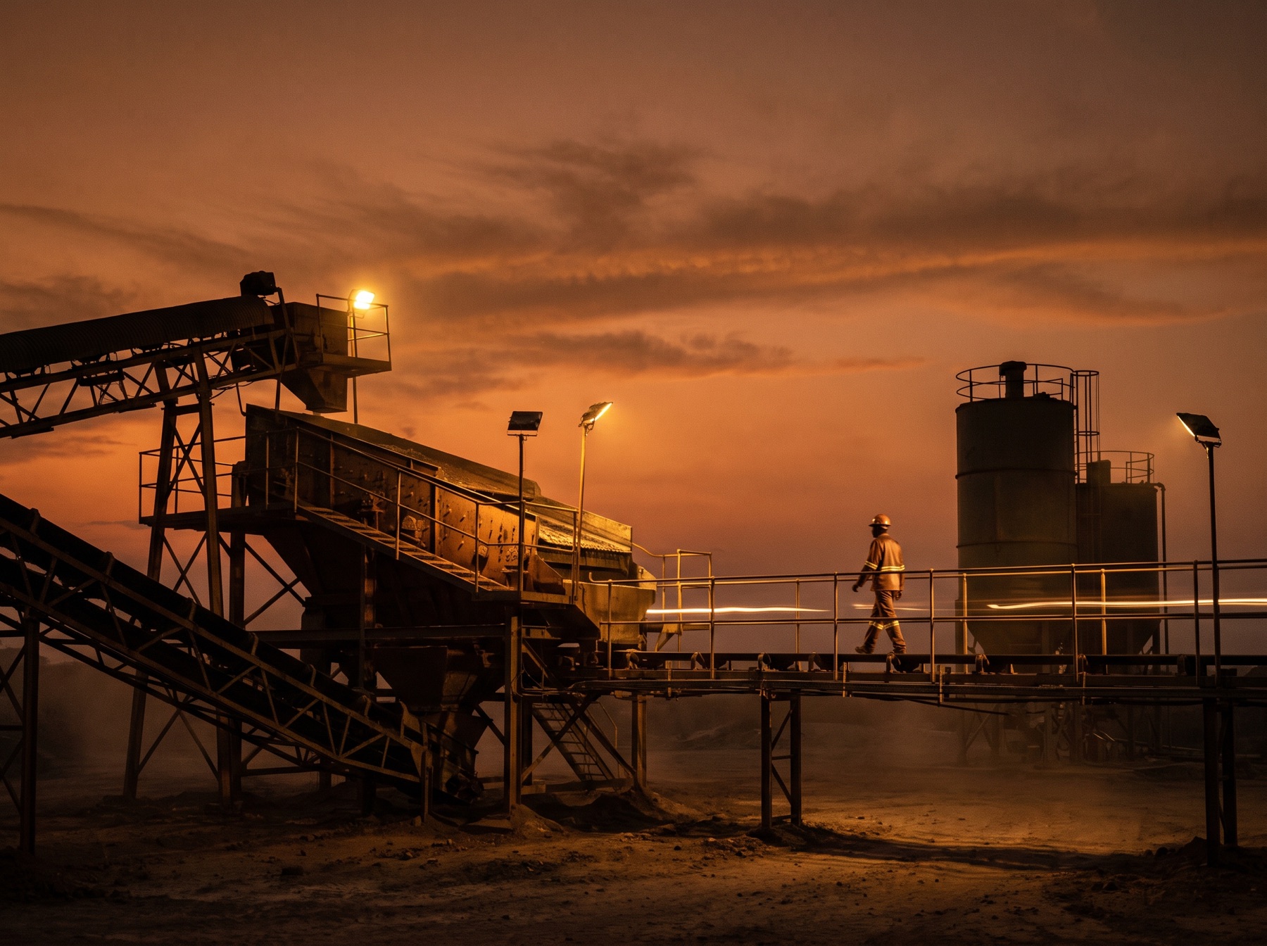 A mineral processing plant in Africa at dusk