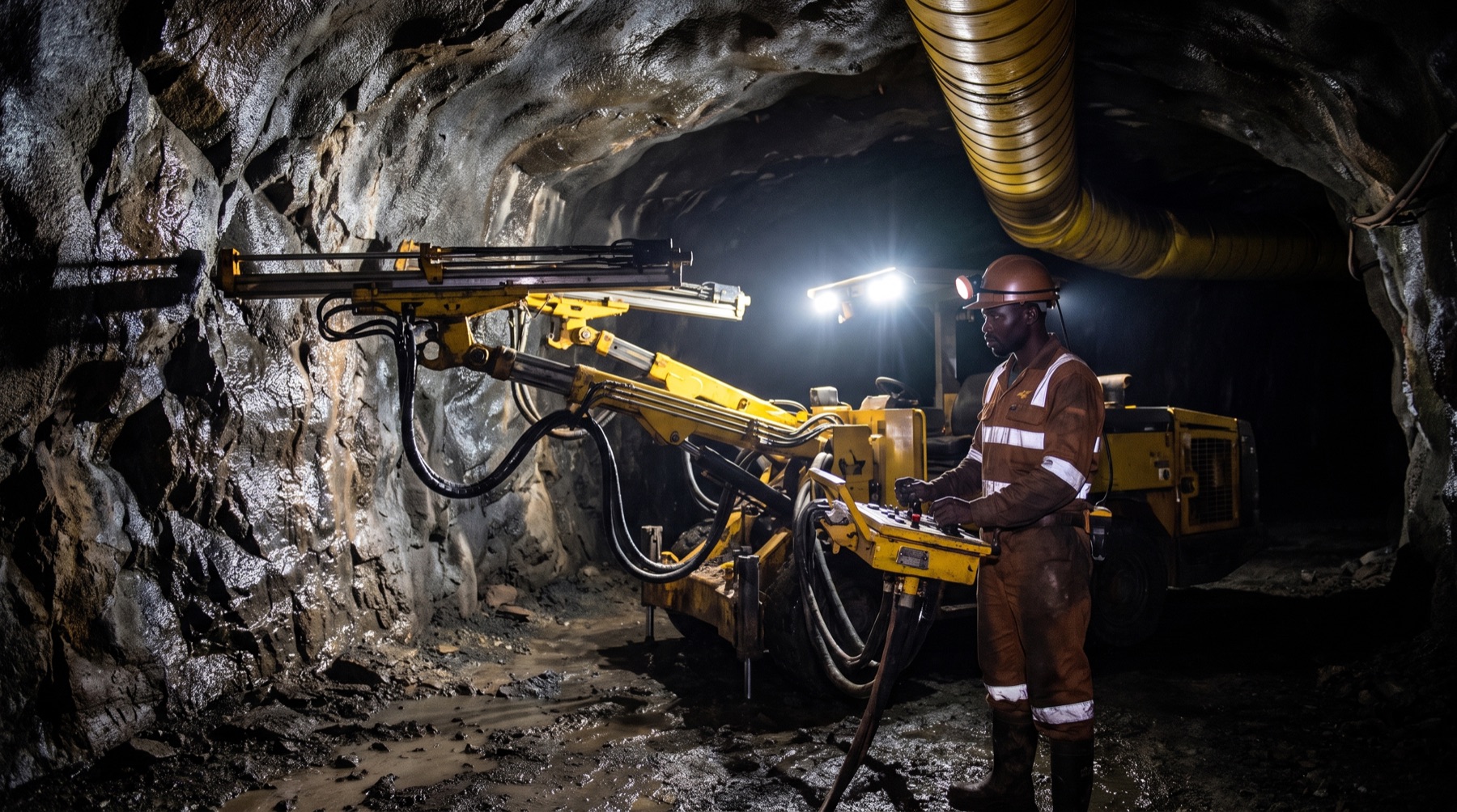 Twin-boom jumbo drill rig at the face in an underground development drive